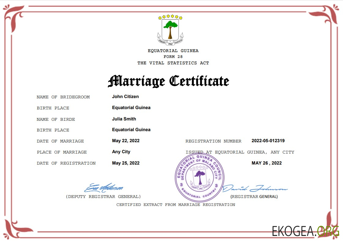 Modèle Word et PDF d'acte de mariage en Guinée équatoriale